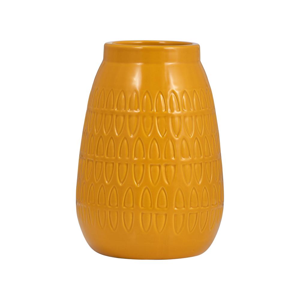 Cer, 8"h Carved Vase, Mustard Gold. Picture 2