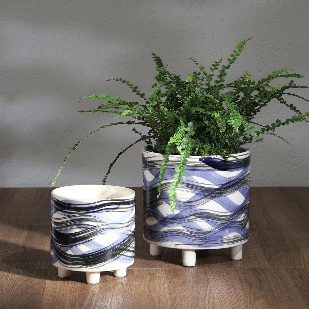 S/2 Footed Planters 9/6", Abstract Blue. Picture 6