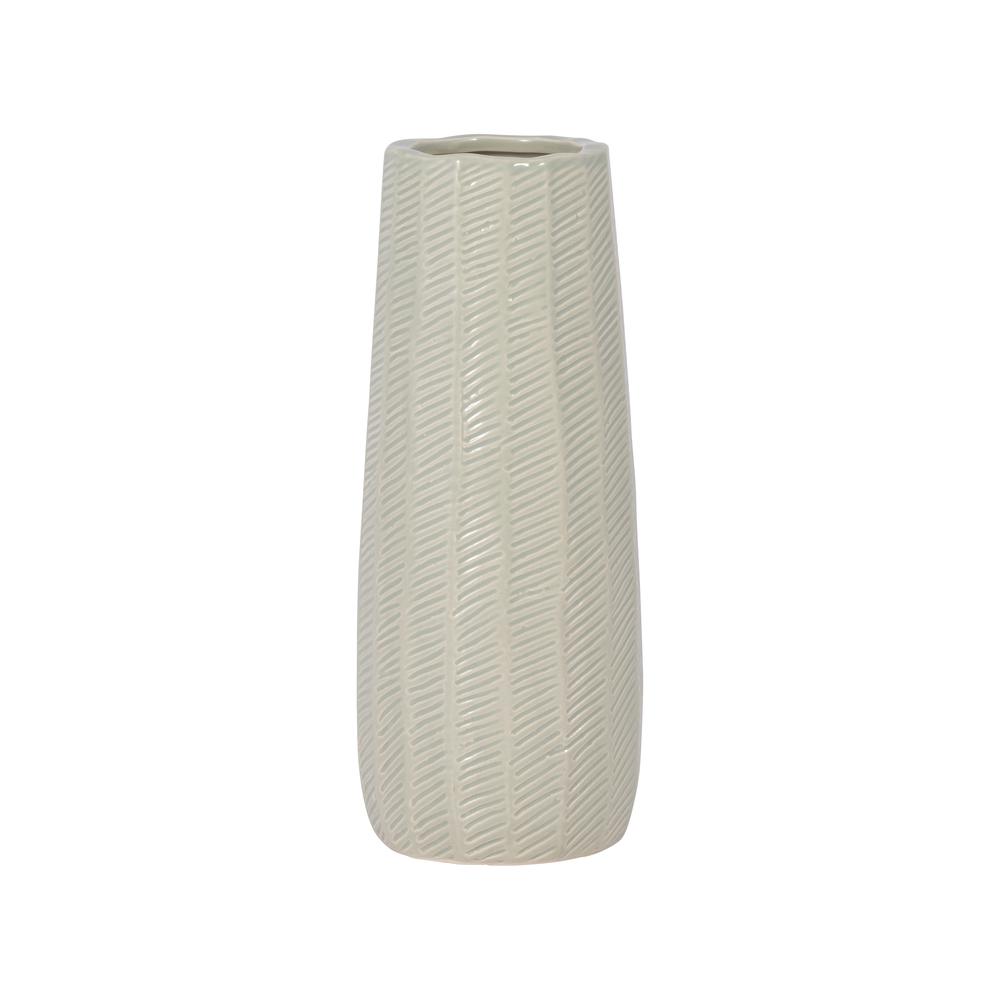 Cer, 12" Etched Lines Cylinder Vase, Cucumber. Picture 2