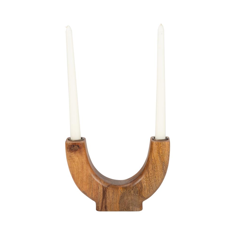 Wood, 8" Half Circle 2-taper Candleholder, Natural. Picture 2