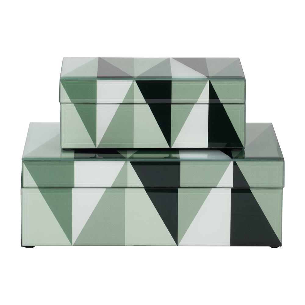 Glass, S/2 8/11" Triangles Boxes, Green/white. Picture 7