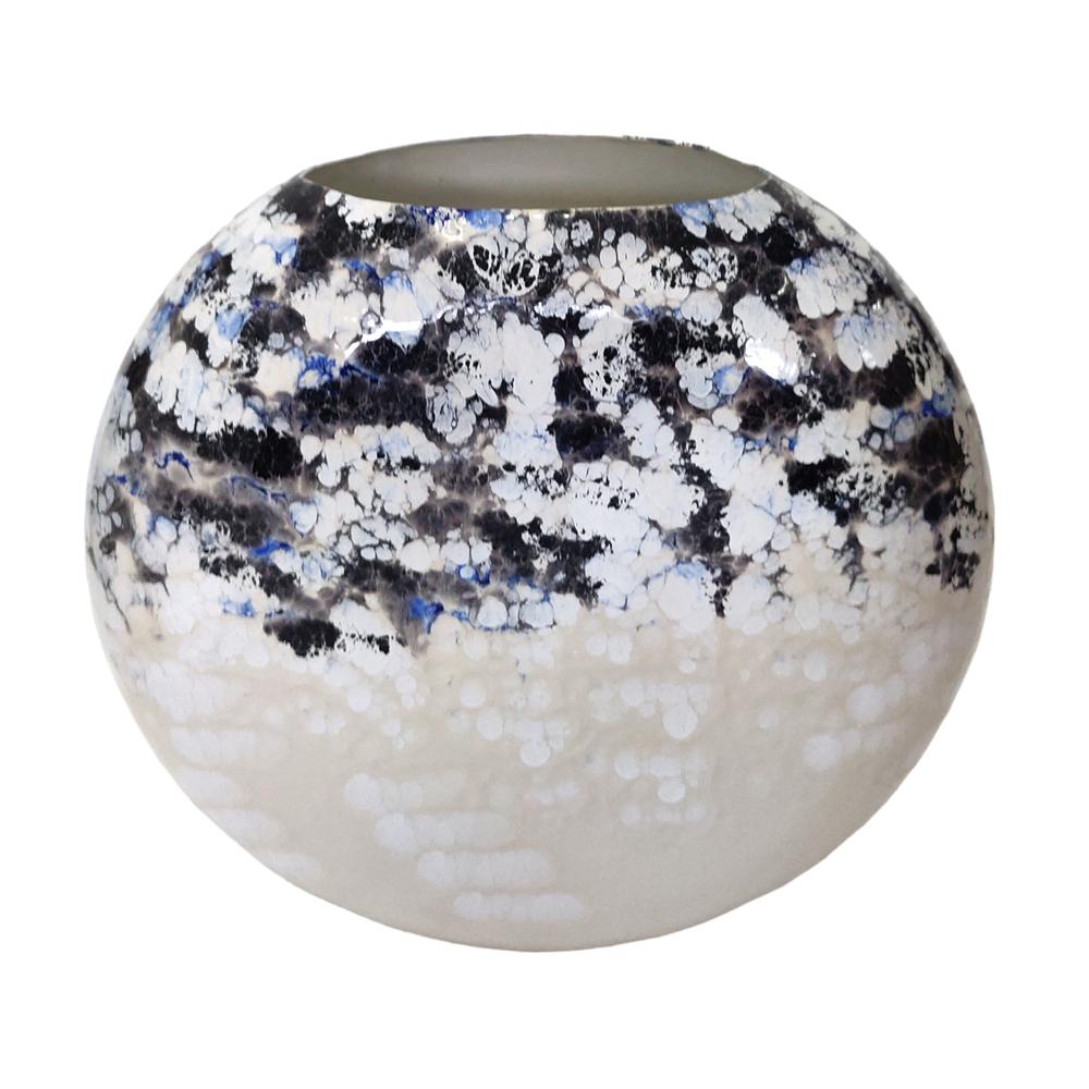 16" Round Metal Vase Arctic Finish, White/blue. Picture 1