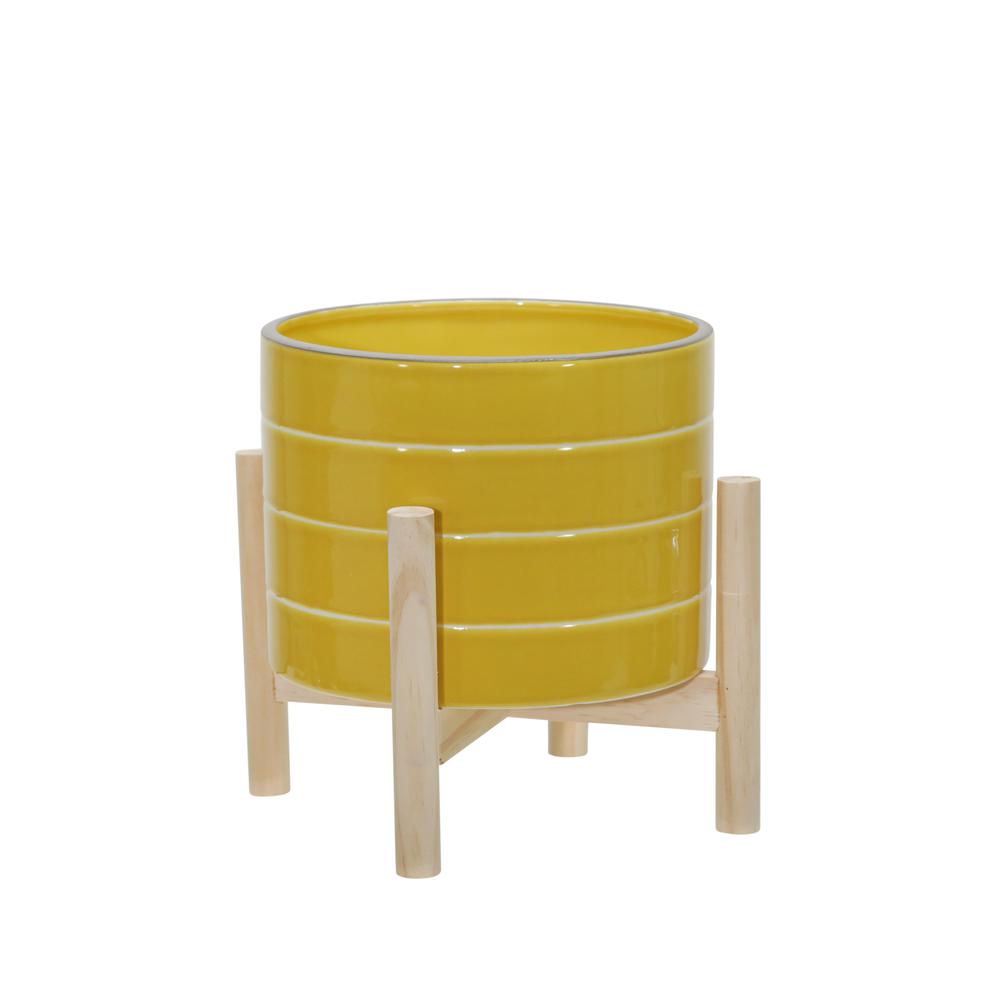 8" Ceramic Striped Planter W/ Wood Stand, Yellow. Picture 1