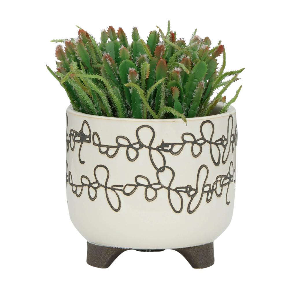 S/2 Ceramic 6/8" Scribble Footed Planter, Beige. Picture 3