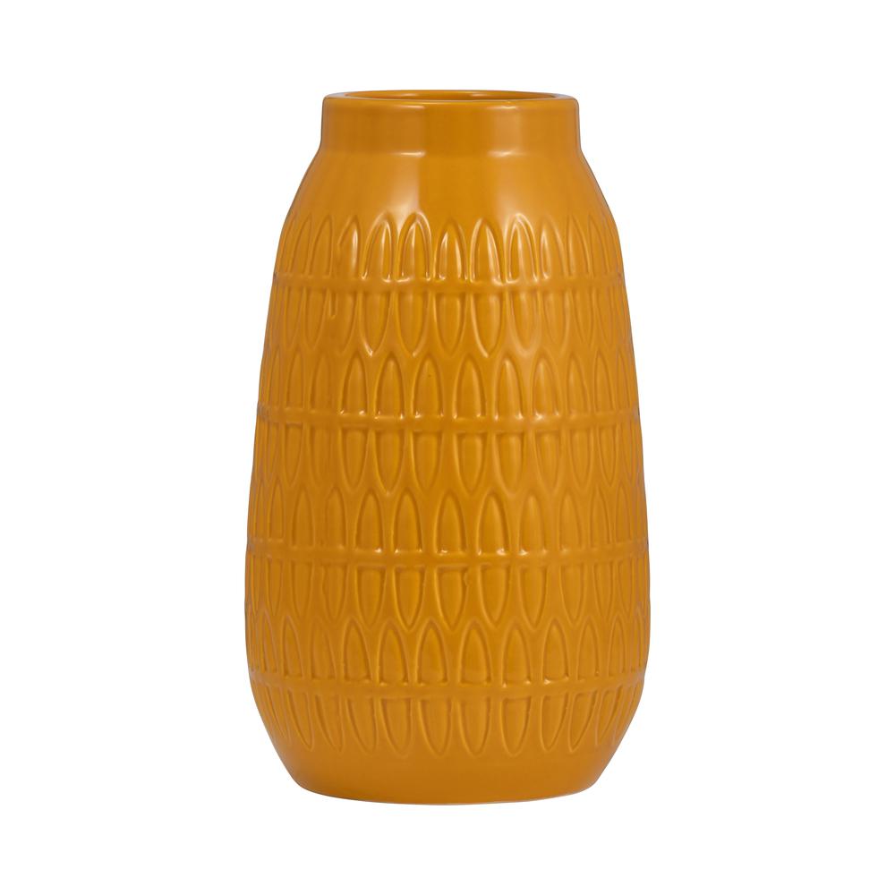 Cer, 10"h Carved Vase, Mustard Gold. Picture 2