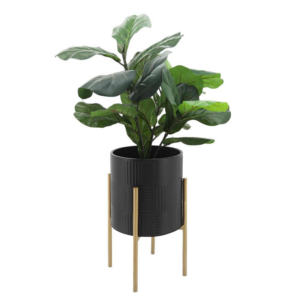 S/2 Planter W/ Lines On Metal Stand, Black/gold. Picture 4