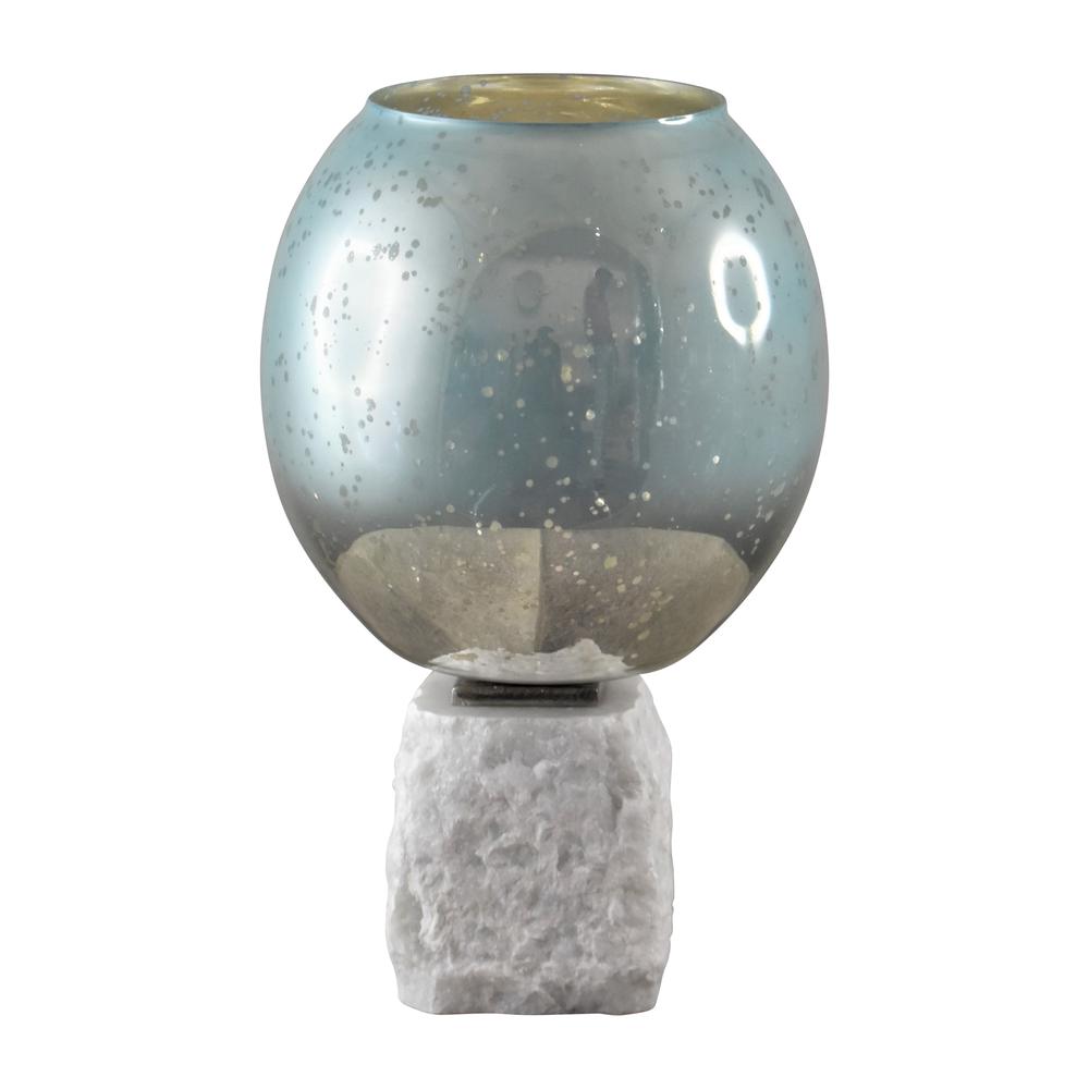 Glass, 13" Bowl Pillar Holder Marble Base, Aqua/wh. Picture 1