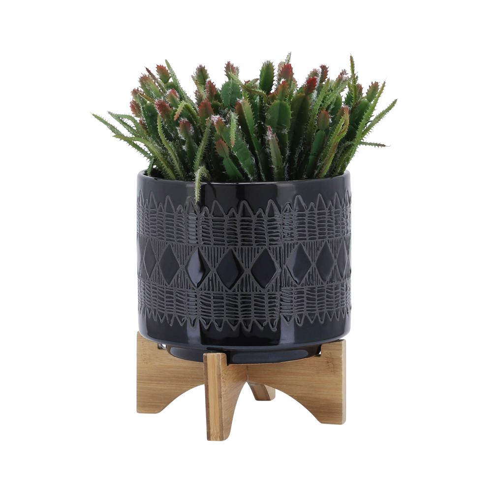 Cer, S/2 8/10" Aztec Planter On Wooden Stand,black. Picture 3