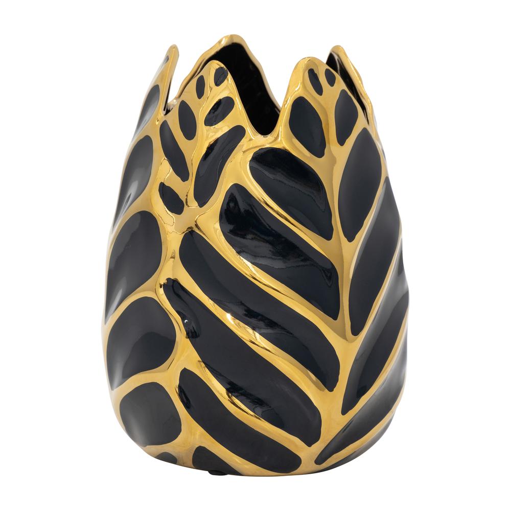 Ceramic 8" Leaf Vase, Drk Navy/gold. Picture 2