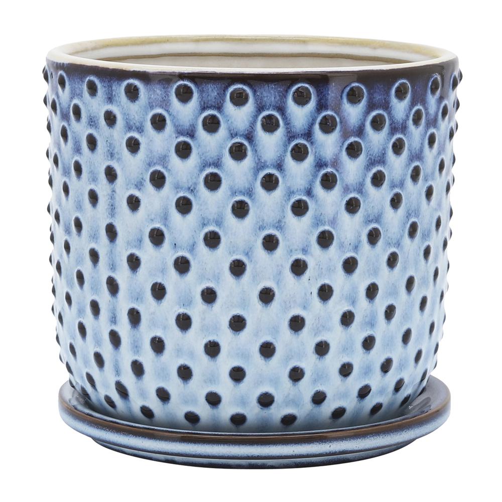 Cer, S/2 5/6" Dotted Planter W/ Saucer,  Blue. Picture 1