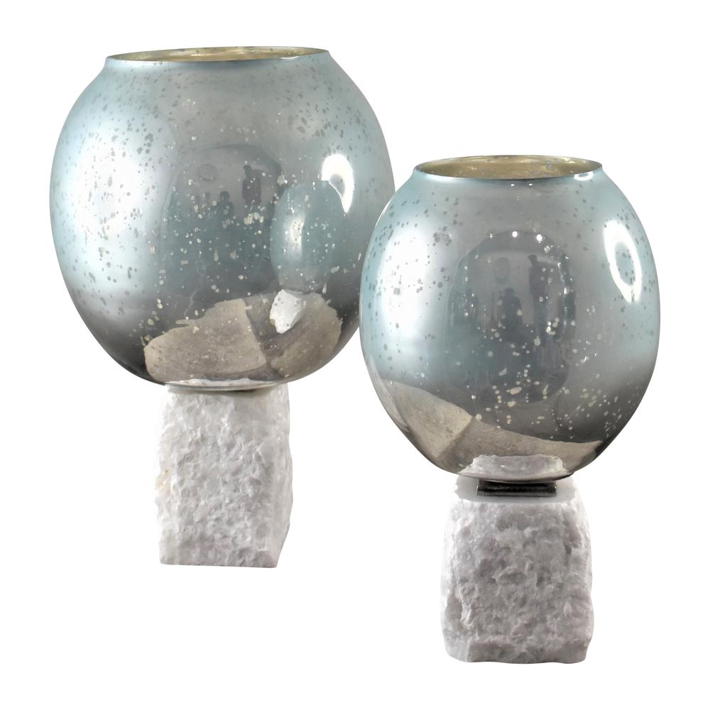 Glass, 13" Bowl Pillar Holder Marble Base, Aqua/wh. Picture 2