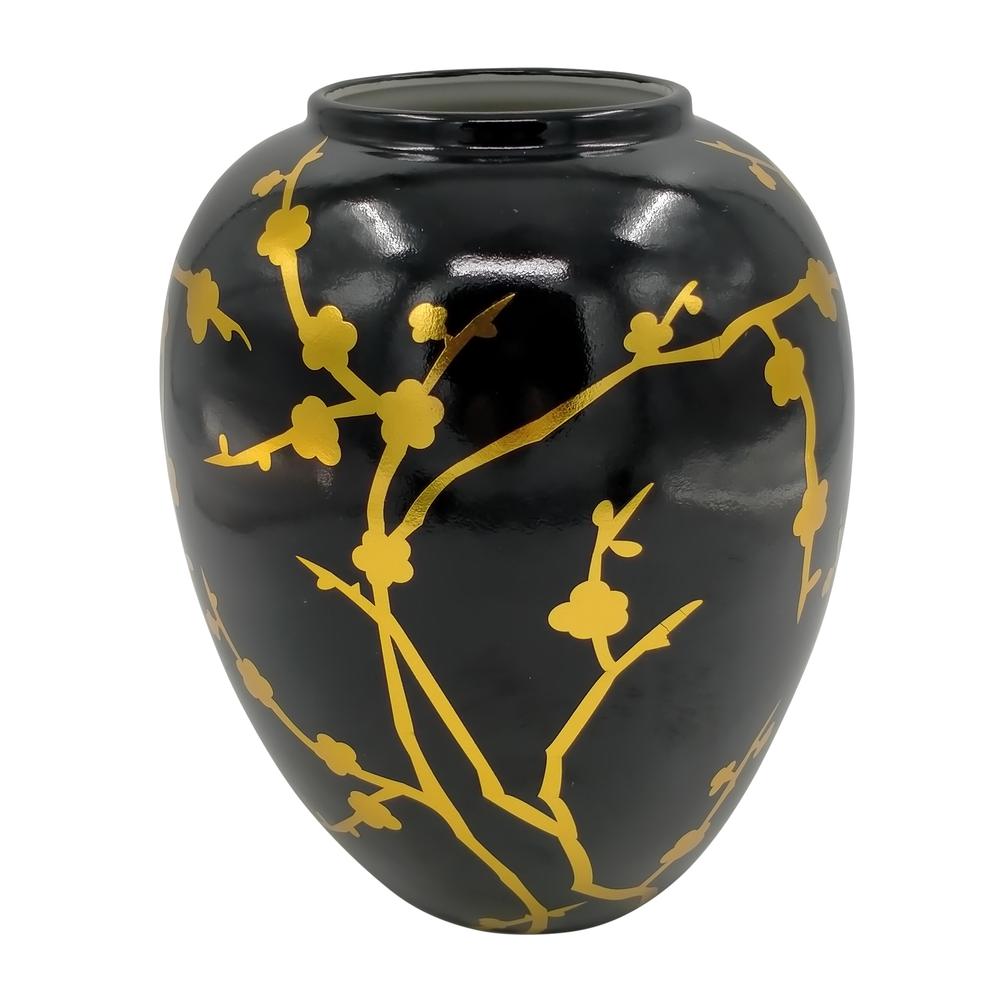 Cer 10"h, Jar W/ Gold Decal, Black. Picture 1