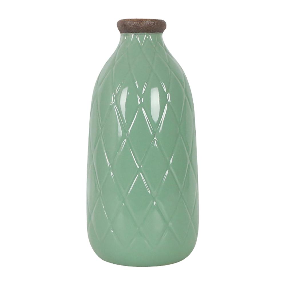 Cer, 9" Plaid Textured Vase, Dark Sage. Picture 1