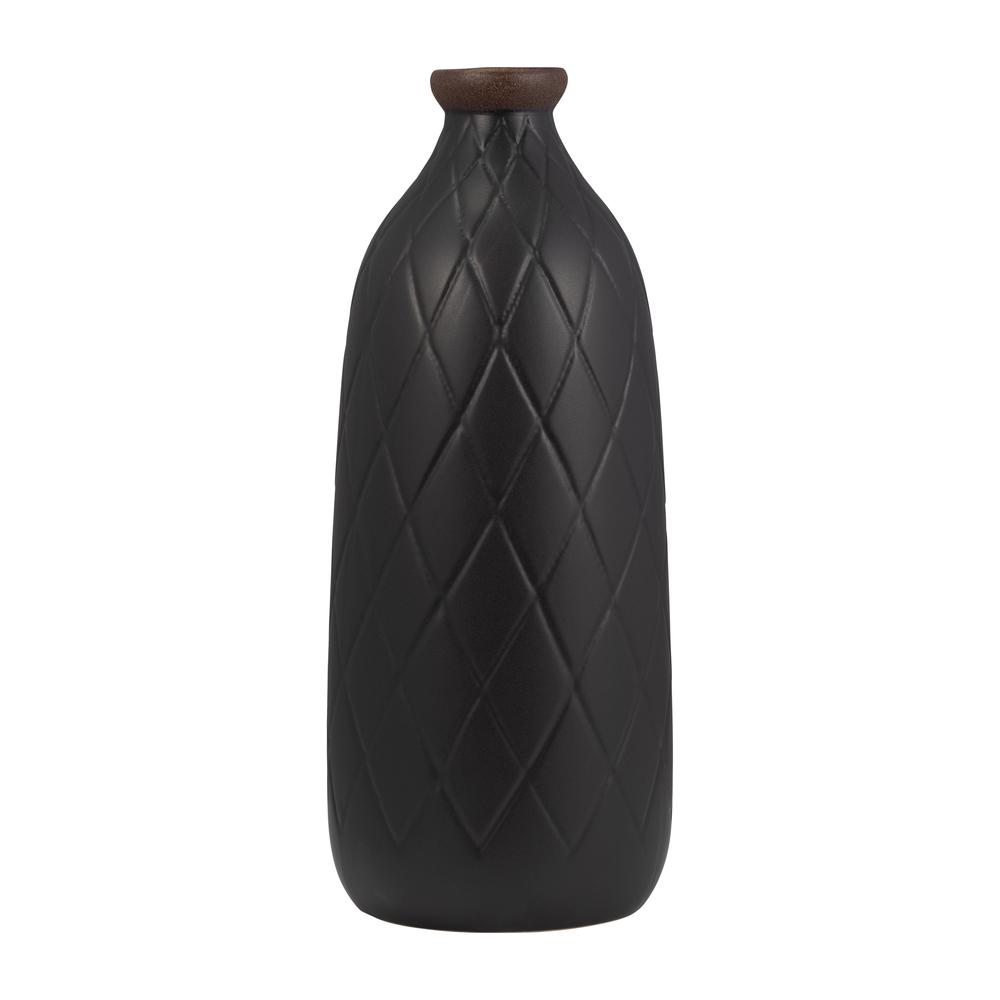 Cer, 16" Plaid Textured Vase, Black. Picture 2