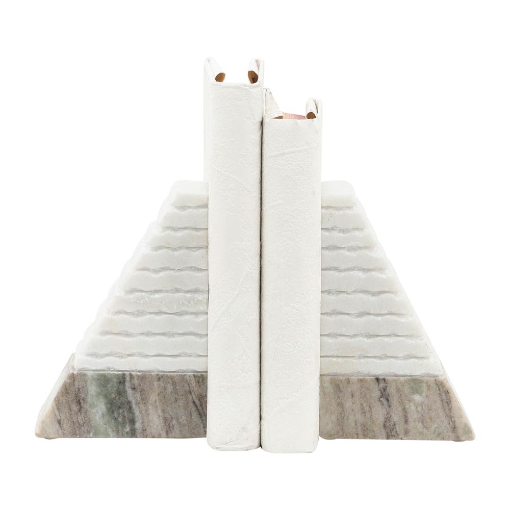 S/2 Marble 6"h Pyramid Bookends, White/onyx. Picture 4