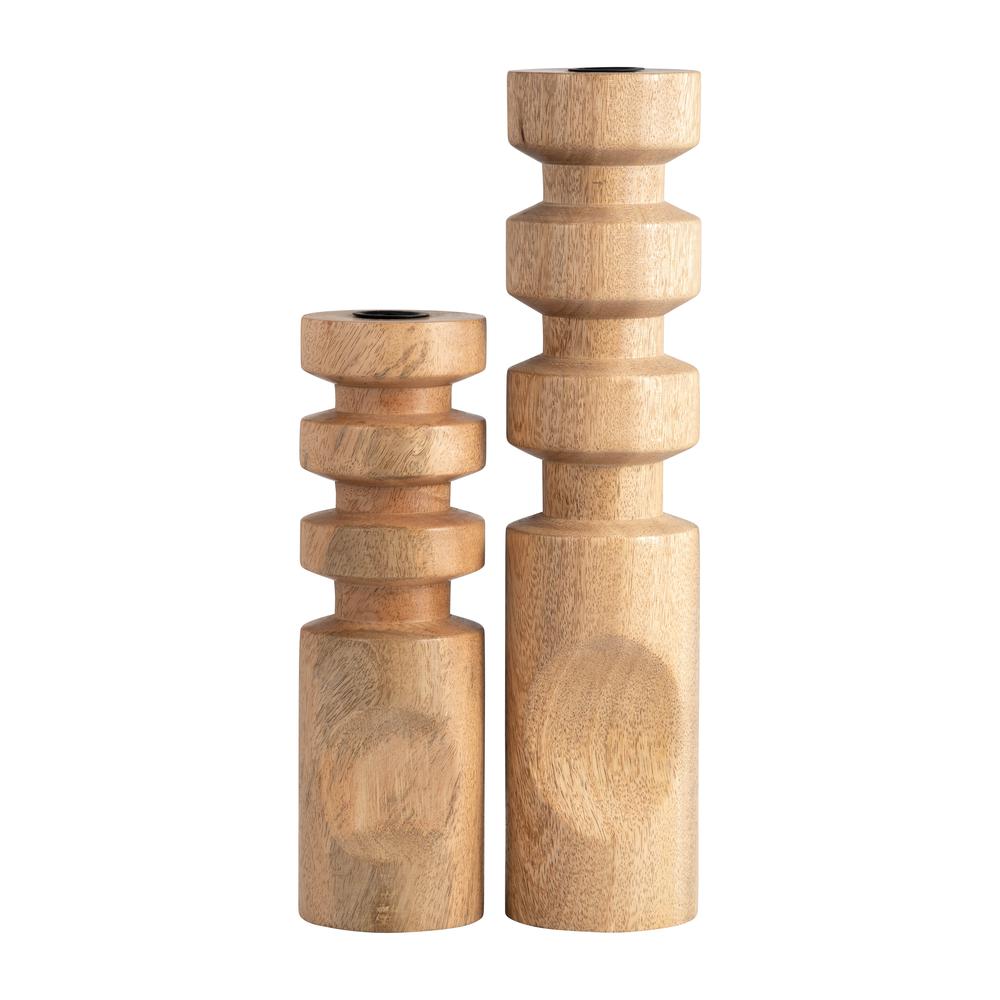 Wood, 14" Stacked Taper Candleholder Natural. Picture 8