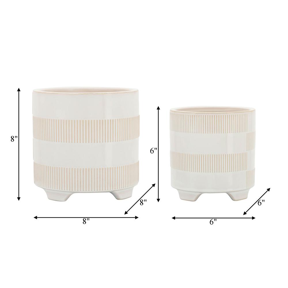 Cer, S/2 6/8" Textured Footed Planters, Beige. Picture 9