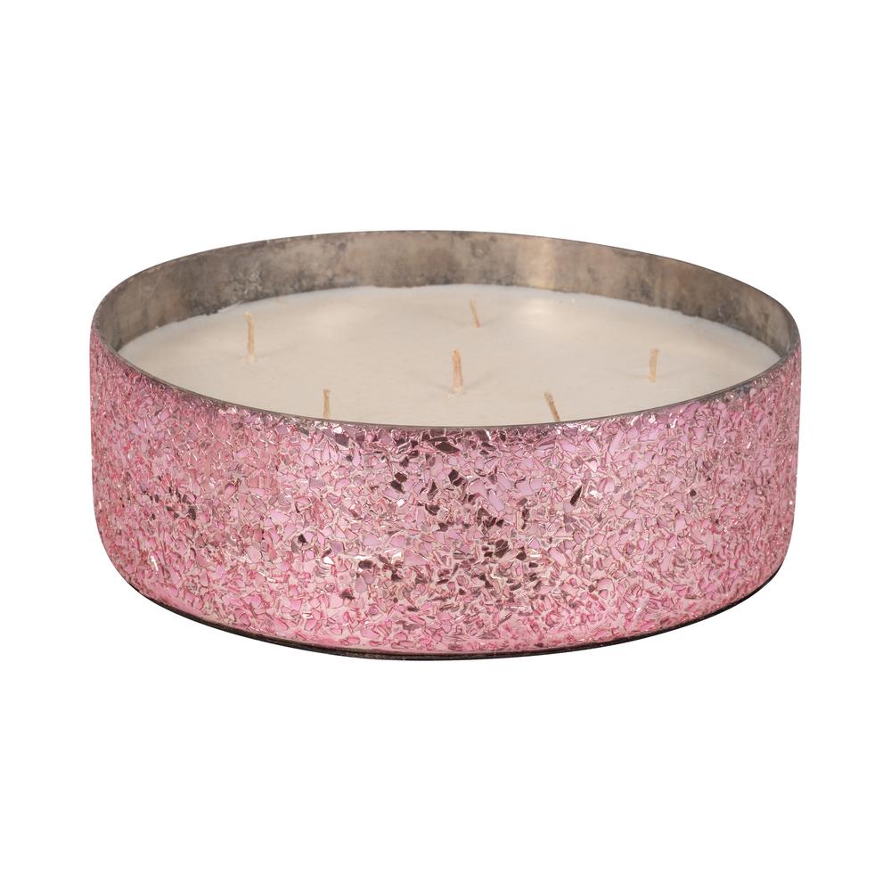 Glass, 8" 49 Oz Crackled Bowl Scented Candle, Pink. Picture 1