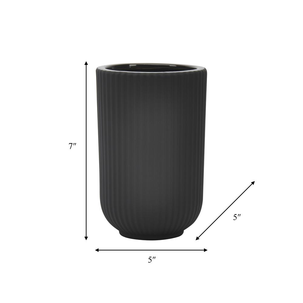 Cer, 7"h Ridged Vase, Black. Picture 2