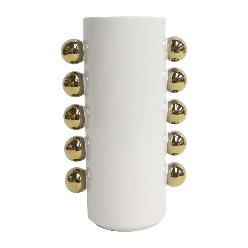 Cer, 10" Vase W/ Side Knobs, White/gold. Picture 1