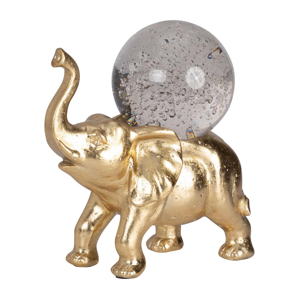 Resin, 9" Elephant W/ Crystal Ball, Gold. Picture 2