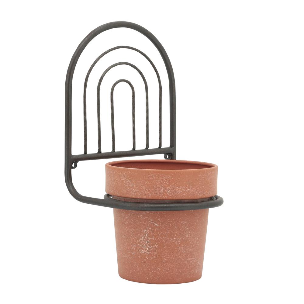 Metal, 11"h Wall Planter, Black/terracotta. Picture 1