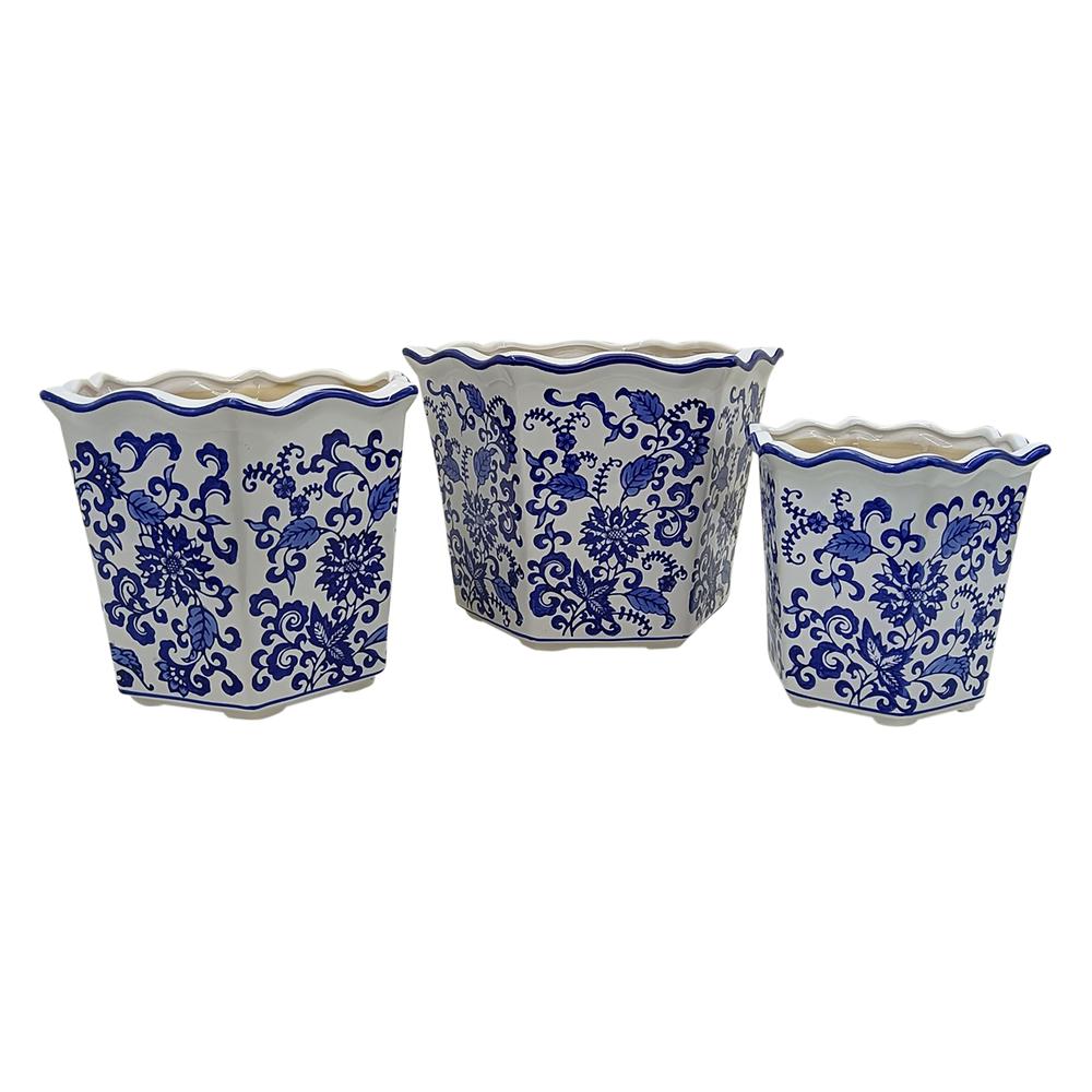 S/3 8/10/12" Chinoiserie Dahlia Planters, Blue/whi. Picture 1