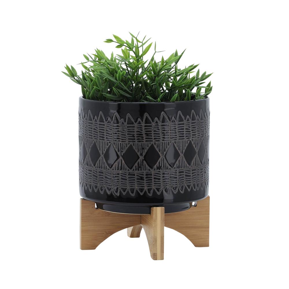 Ceramic 8" Aztec Planter On Wooden Stand, Black. Picture 3