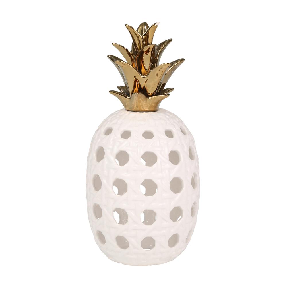 Ceramic 16" Lattice Weave Pineapple, White / Gold. Picture 1