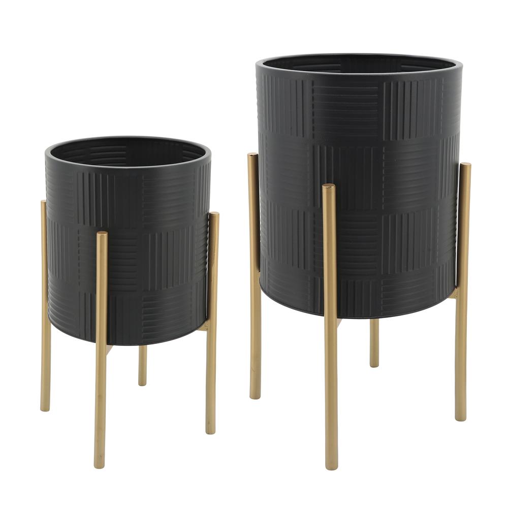 S/2 Planter W/ Lines On Metal Stand, Black/gold. Picture 1