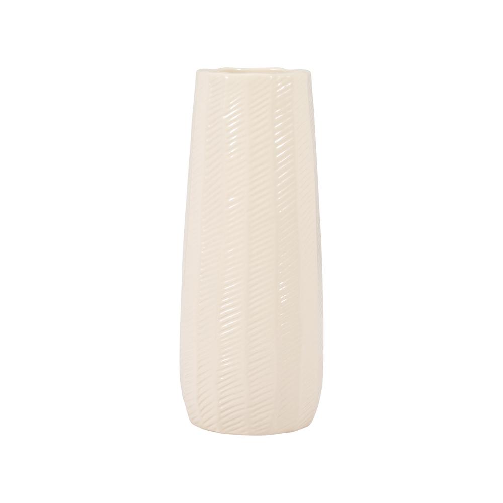 Cer, 12" Etched Lines Cylinder Vase, Cotton. Picture 2