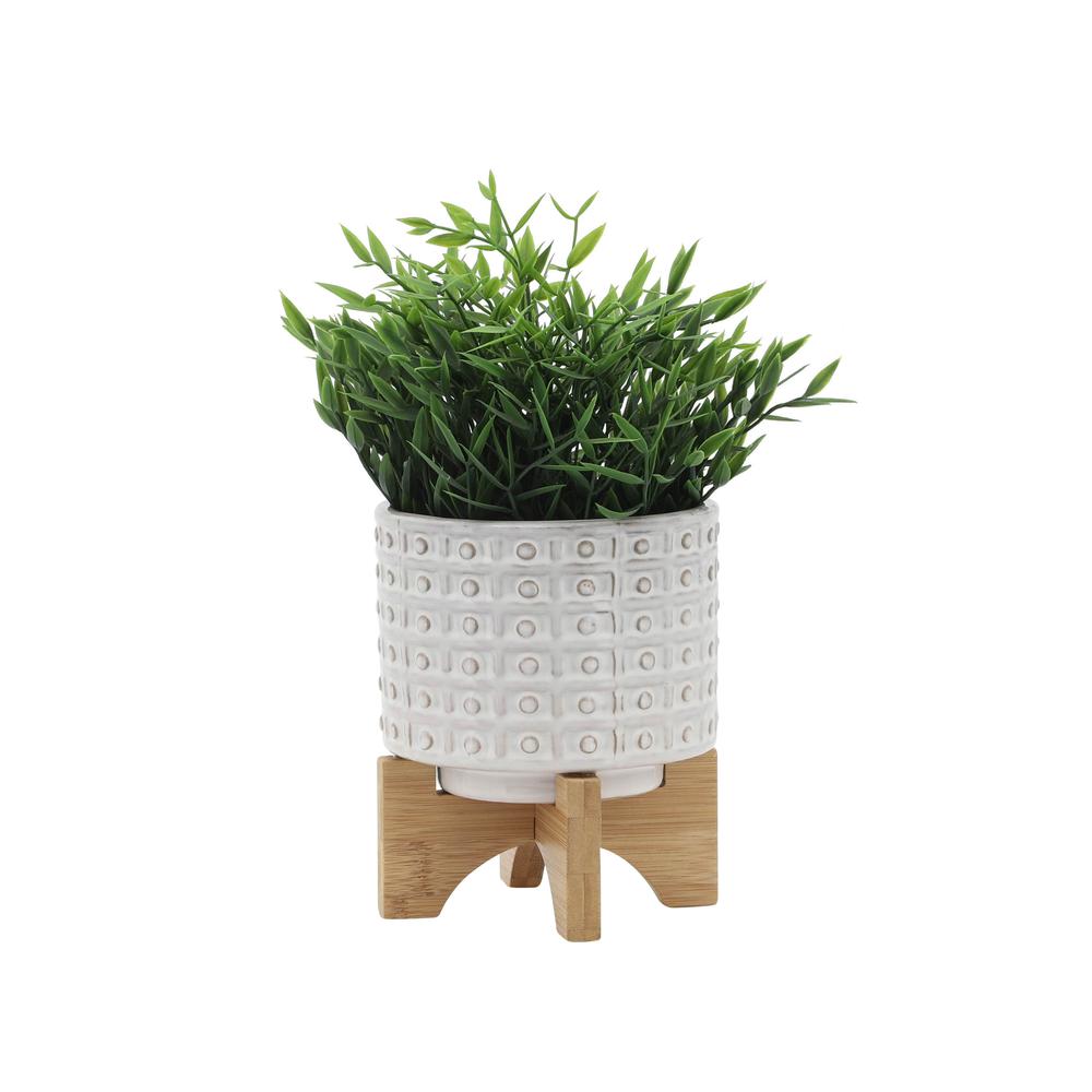 Ceramic 5" Dotted Planter W/wood Stand, Ivory. Picture 3