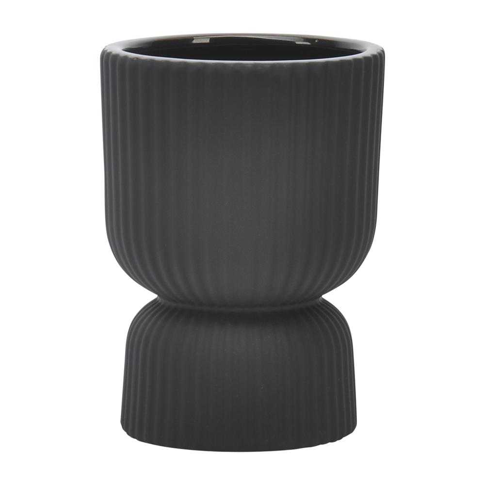 Cer, 6"h Ribbed Vase, Black. Picture 1