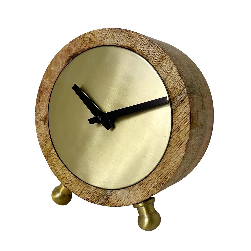 Wood, 6" Round Gold Face Table Clock. Picture 1