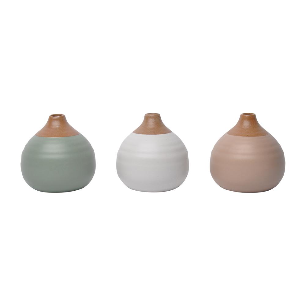 S/3 Matte Bud Vases, Creme/drk Sage/cotton White. Picture 1