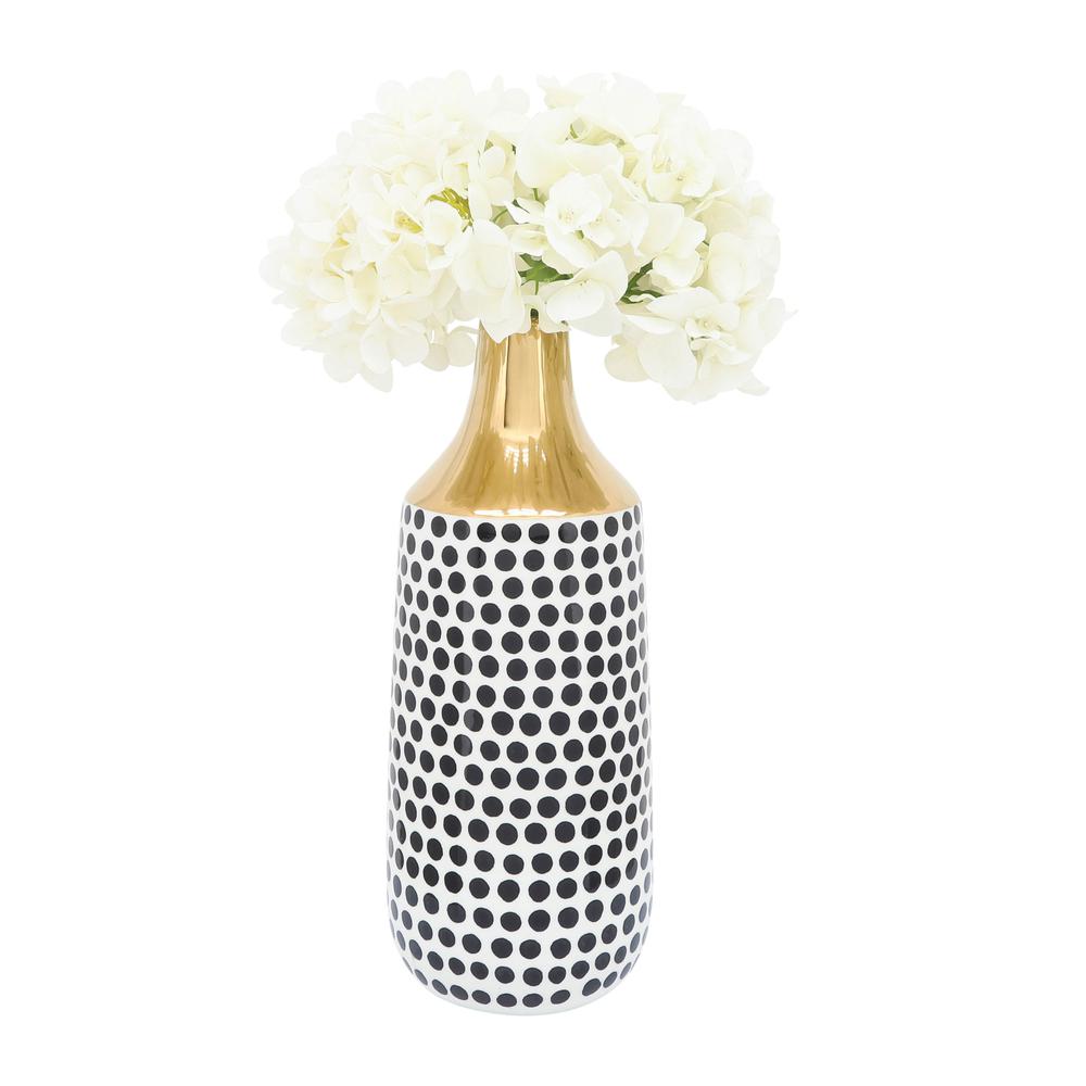 Cer, 16"h Polka Dots Vase, Gold/white. Picture 4