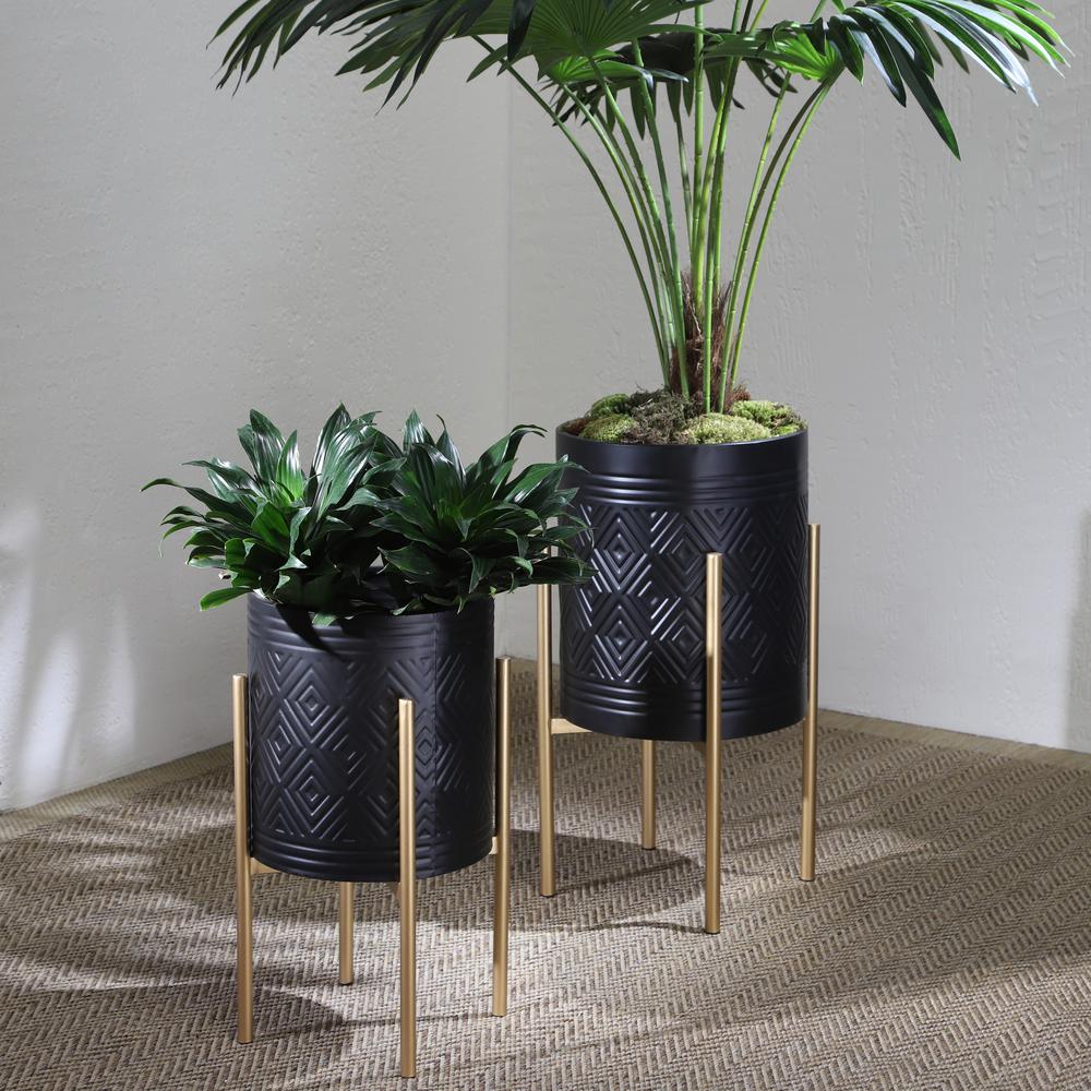S/2 Aztec Planter On Metal Stand, Black/gold. Picture 8