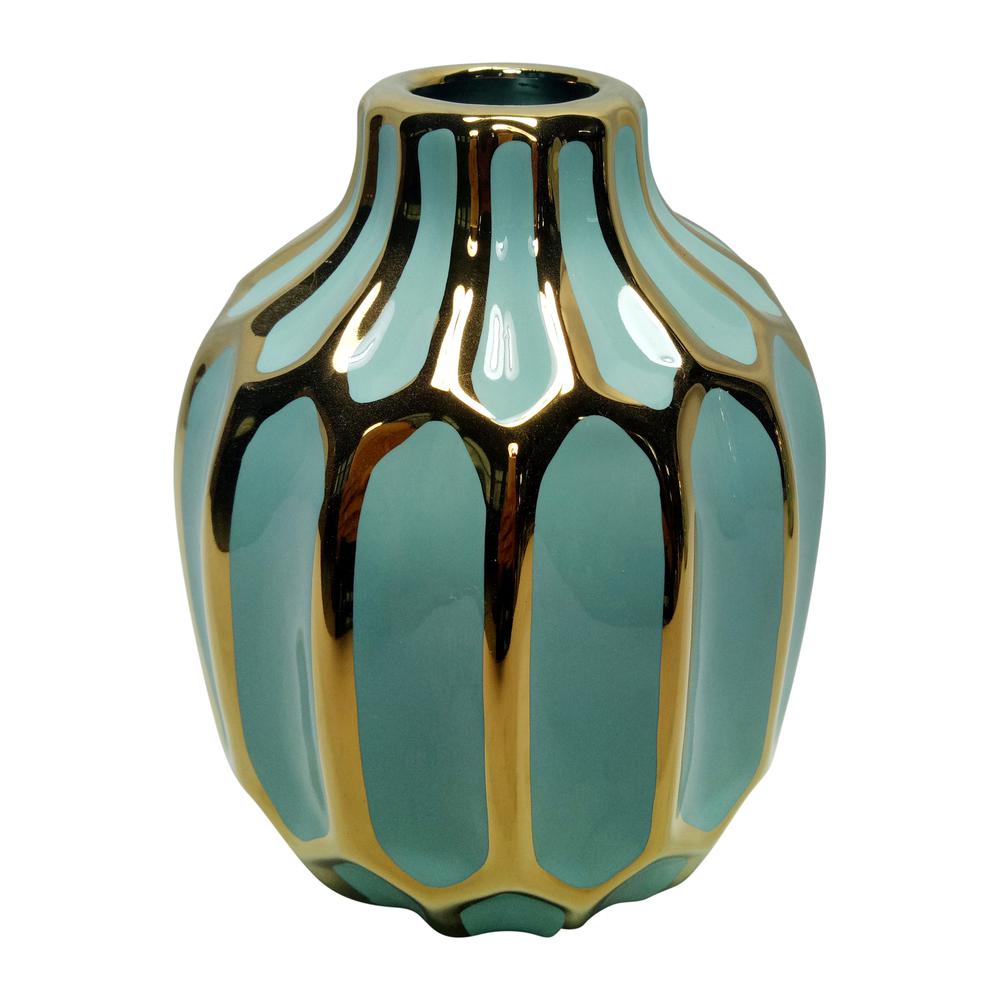 Ceramic 8"h Decorative Vase, Green/gold. Picture 1
