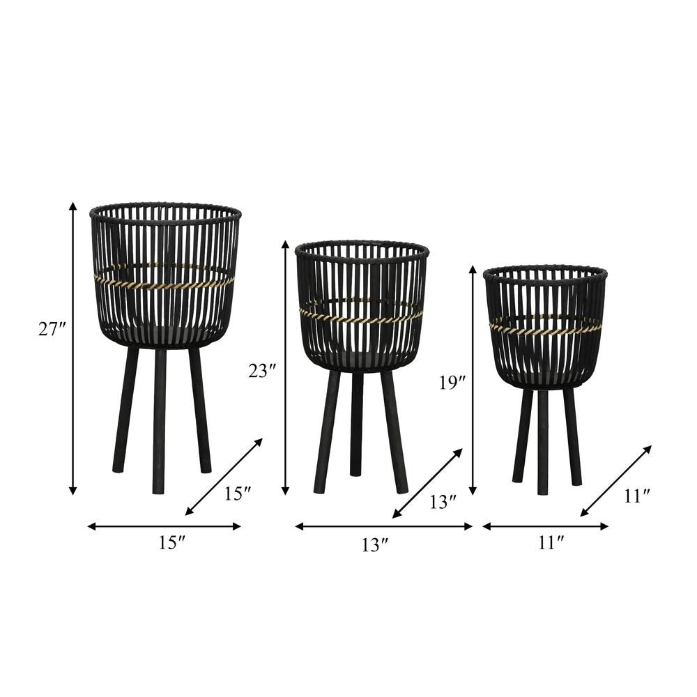 S/3 Bamboo Footed Planters 11/13/15", Black. Picture 8
