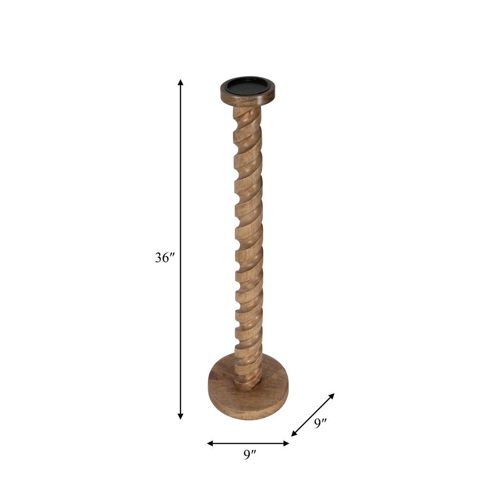 Wood, 36" Spiral Floor Pillar Candleholder, Natura. Picture 7