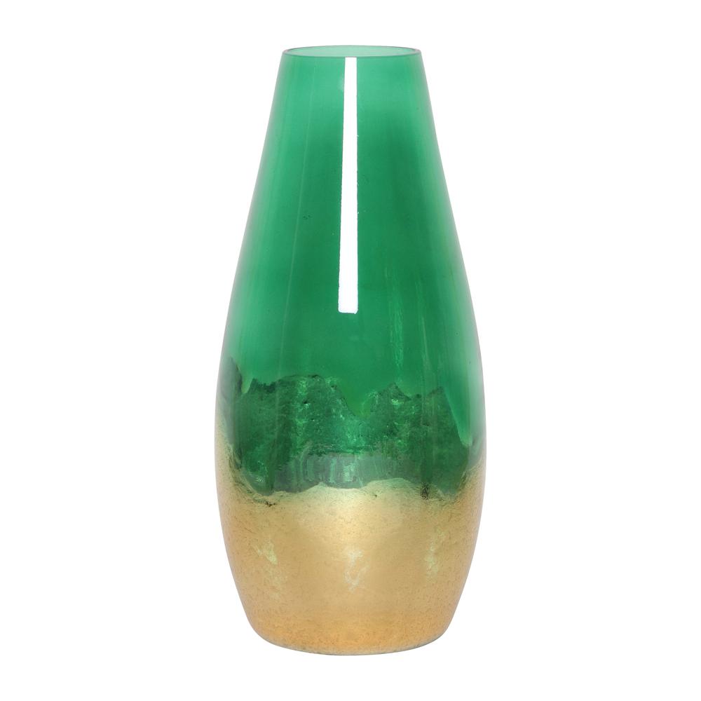 Glass, 15" Gold Dipped Vase, Green. Picture 1