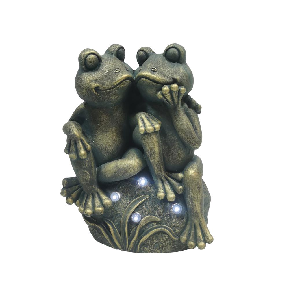 16" Cuddling Frogs On Rock With Solar Lights, Bron. Picture 2