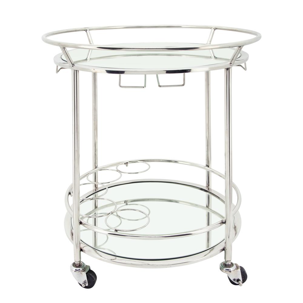 Two Tier 27"h Round Rolling Bar Cart, Silver. Picture 1