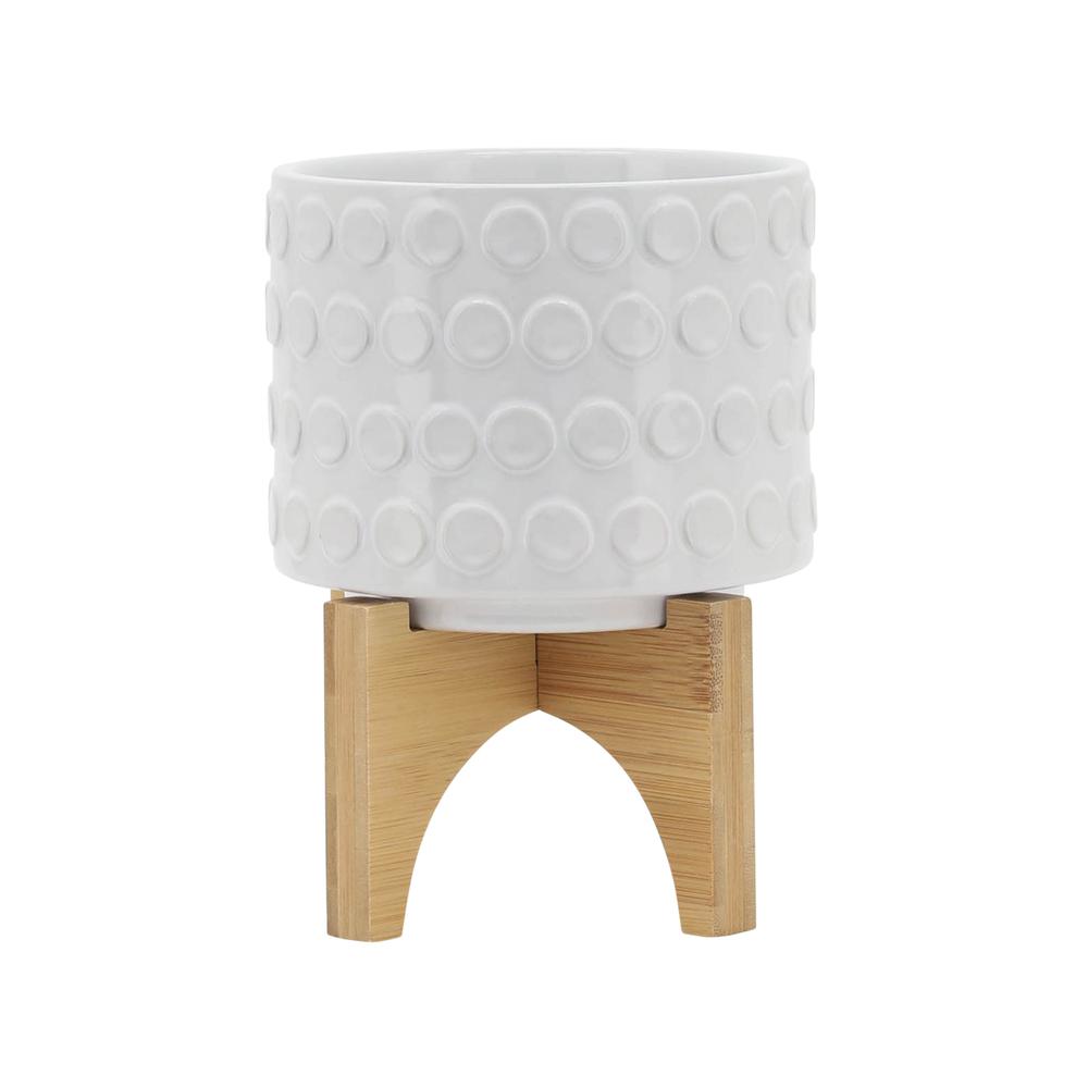 Ceramic 5" Planter On Wooden Stand, White. Picture 1