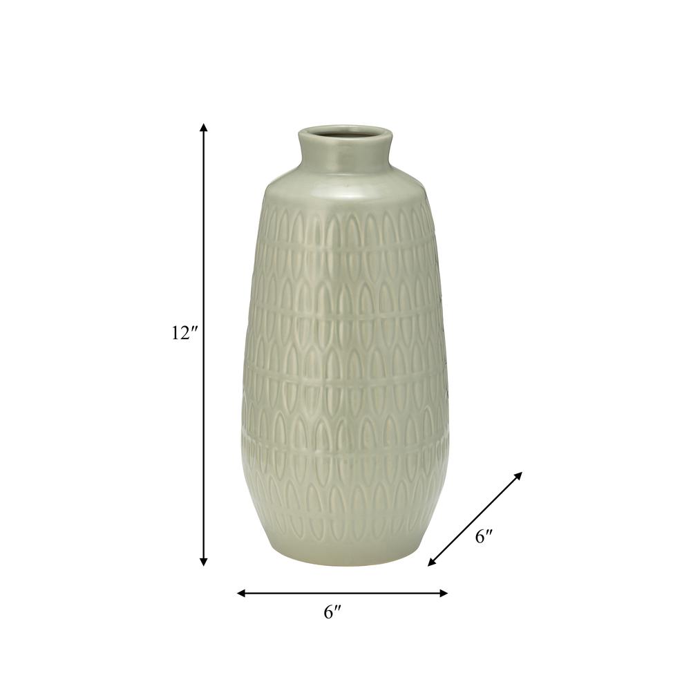 Cer, 12"h Carved Vase, Cucumber. Picture 8