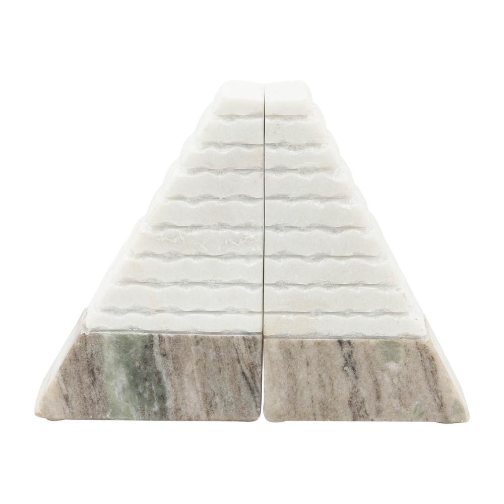 S/2 Marble 6"h Pyramid Bookends, White/onyx. Picture 2