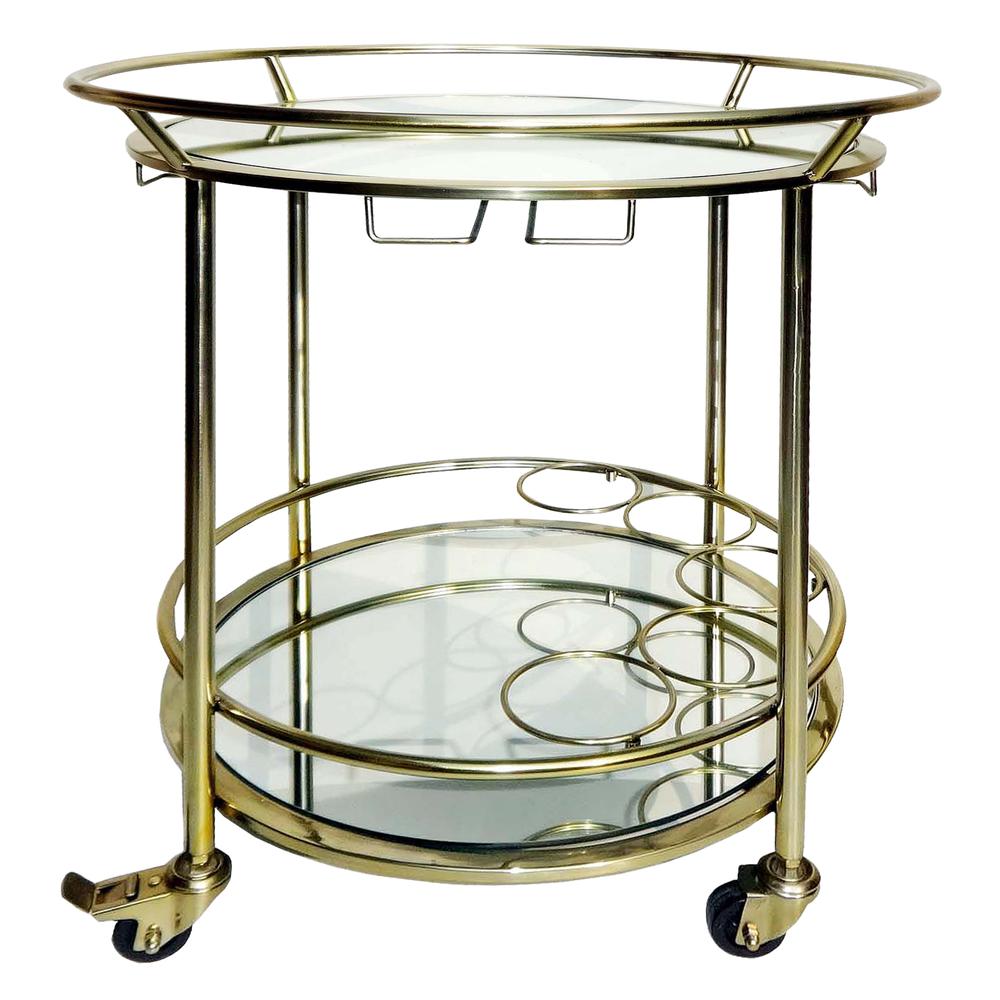 Two Tier 27"h Round Rolling Bar Cart, Gold. Picture 1