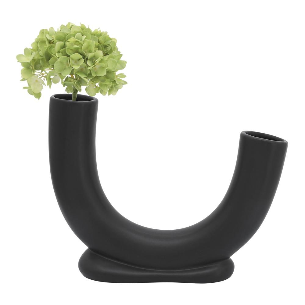 Cer, 8"h U-shaped Vase W/ Base, Black. Picture 2