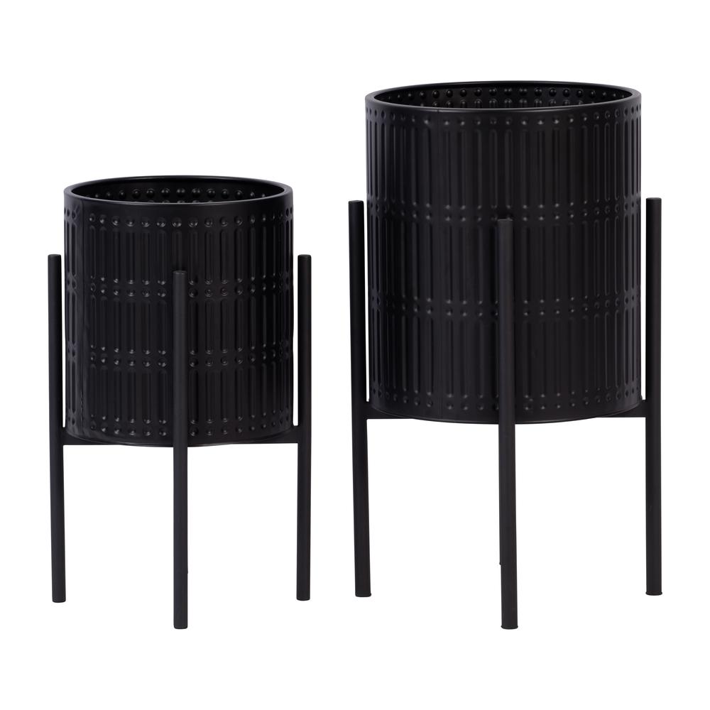 S/2 Ridged Planters In Metal Stand, Black. Picture 2