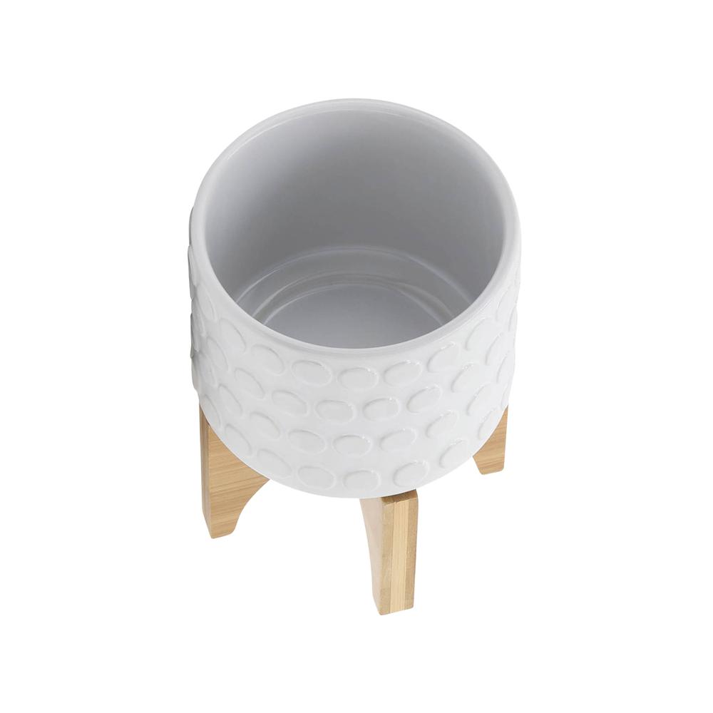 Ceramic 5" Planter On Wooden Stand, White. Picture 4